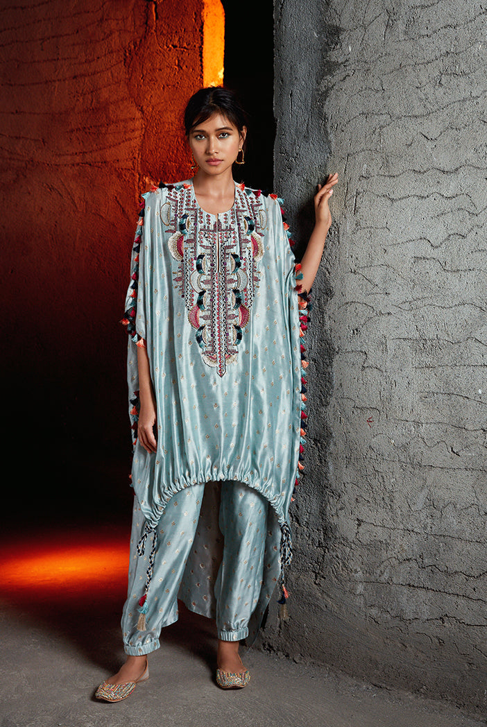 Nida Pale Blue Banarsi Silkmul Kaftan and Jogger Pant