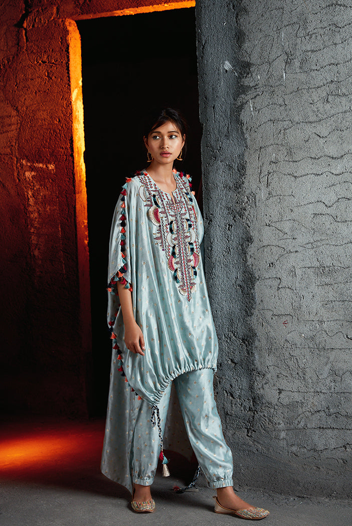 Nida Pale Blue Banarsi Silkmul Kaftan and Jogger Pant
