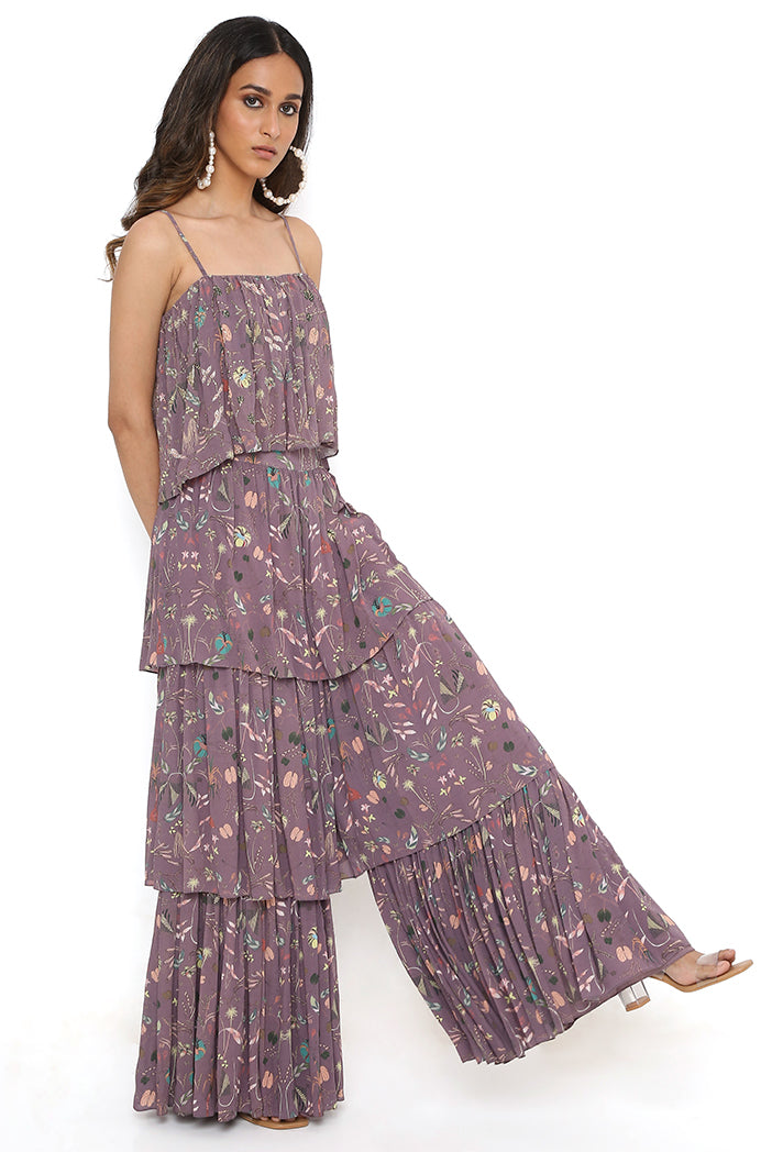 Eggplant Print Embroidered Georgette Off Shoulder Top And Printed Layered Sharara