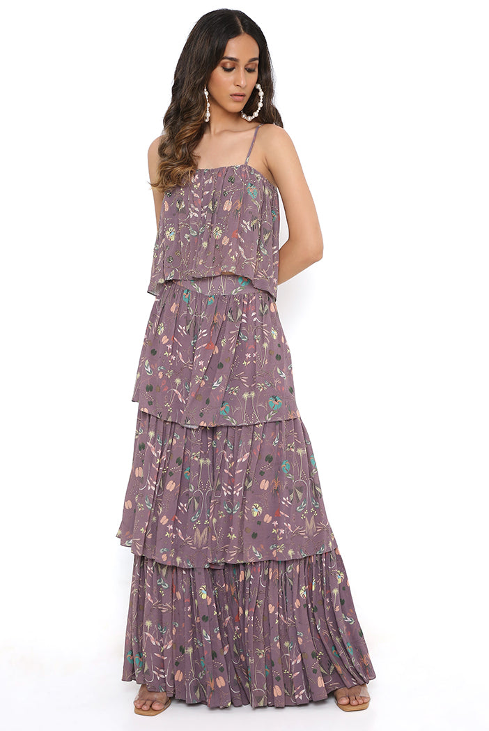 Eggplant Print Embroidered Georgette Off Shoulder Top And Printed Layered Sharara
