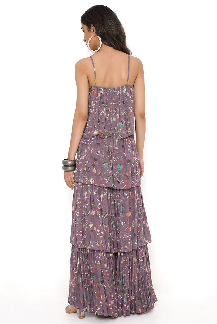 Eggplant Print Embroidered Georgette Off Shoulder Top And Printed Layered Sharara