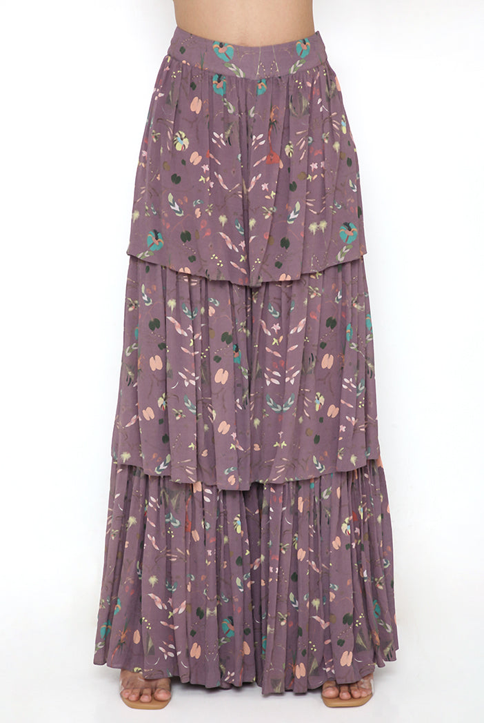 Eggplant Print Embroidered Georgette Off Shoulder Top And Printed Layered Sharara