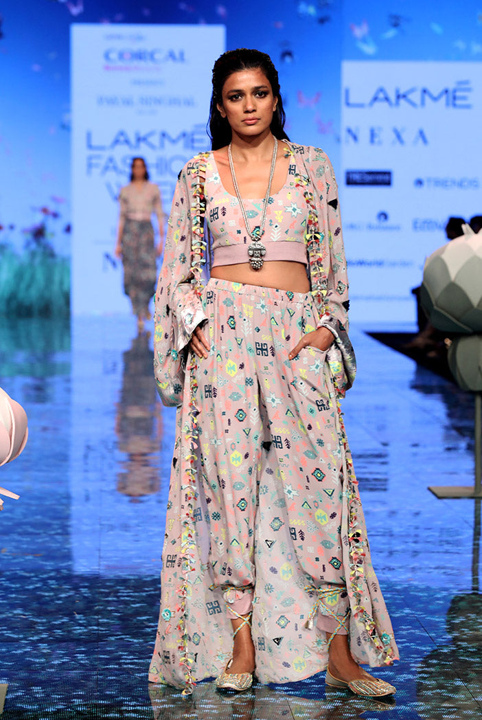 Daliah Lavender Lime Printed Georgette Embroidered Jacket and Crepe Bustier with Jogger Pant