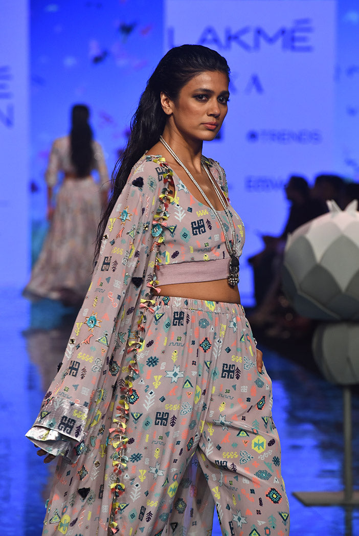 Daliah Lavender Lime Printed Georgette Embroidered Jacket and Crepe Bustier with Jogger Pant