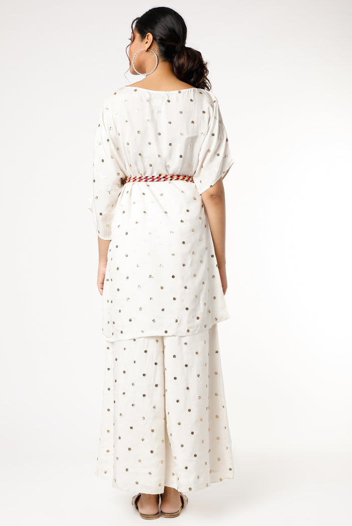 Off White Dot Mukaish Crepe Yoke Embroidered Kaftan With Palazzo And Belt
