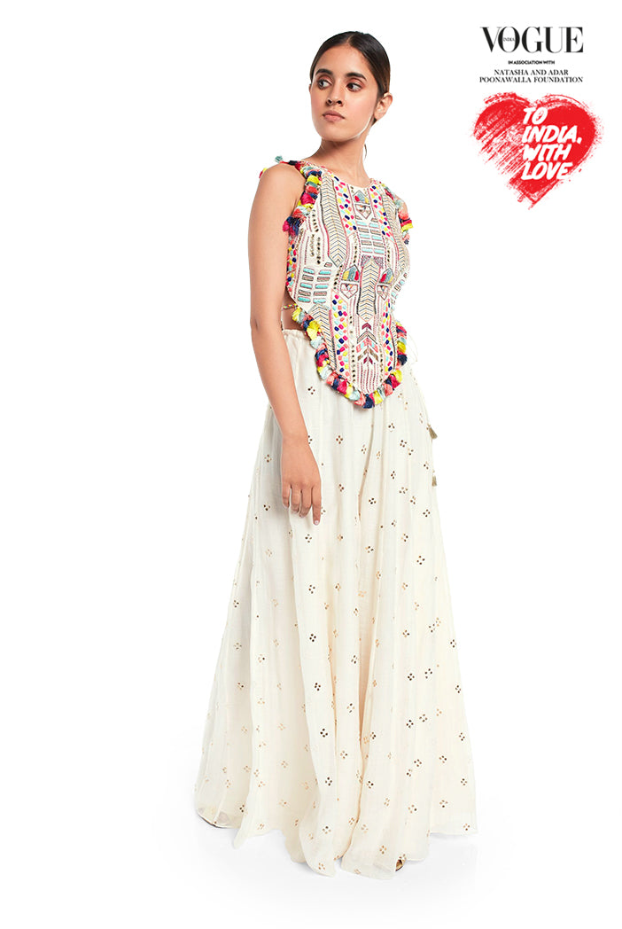 Off White Colour Georgette Tie-Up Choli with Mukaish Silkmul Sharara