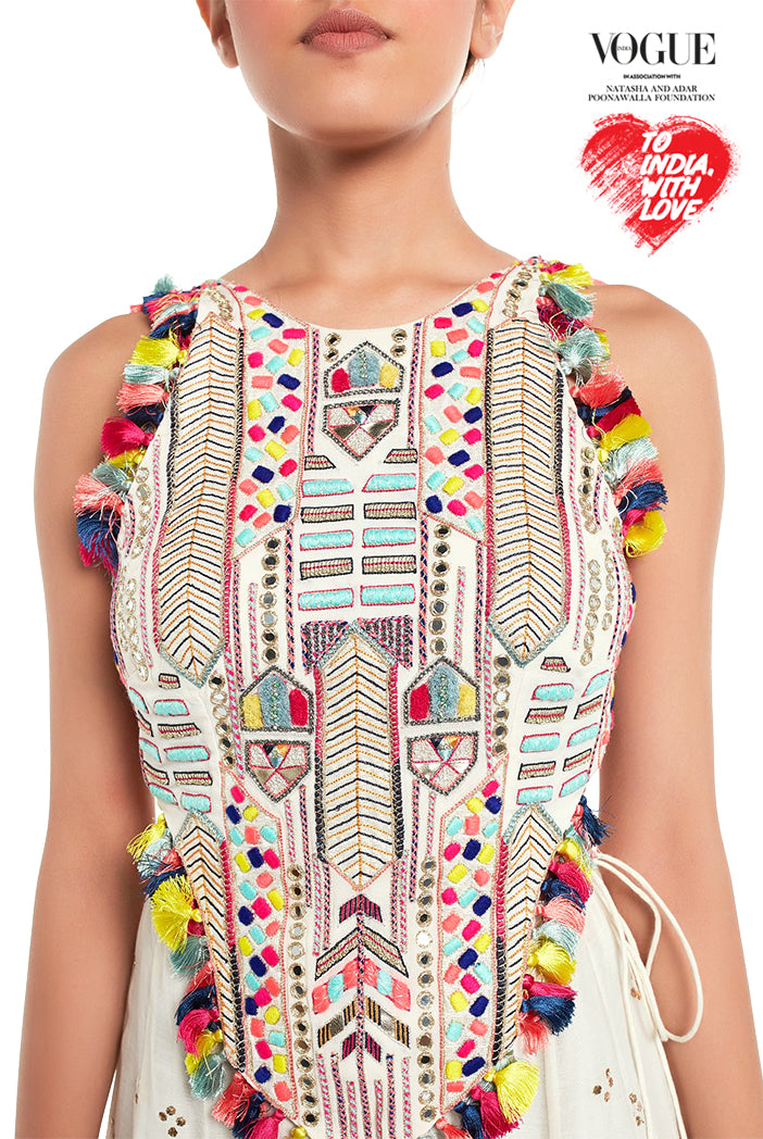 Off White Colour Georgette Tie-Up Choli with Mukaish Silkmul Sharara
