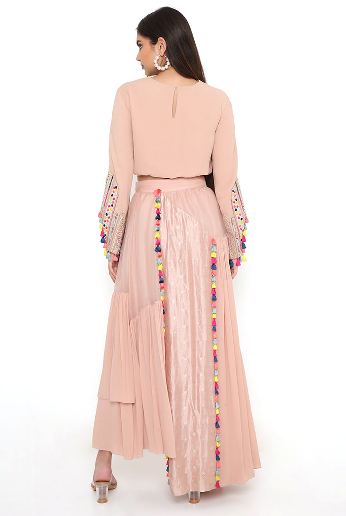 Blush Pink Embroidered Top With Blush Pink Organza And Georgette Asymmetric Skirt