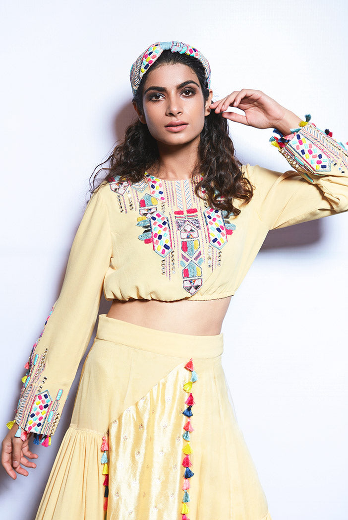 Abisha Pale Yellow Crop Top with Asymmetric Skirt