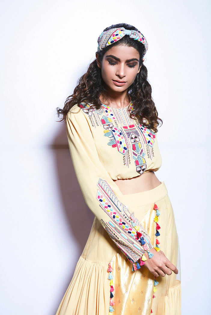 Abisha Pale Yellow Crop Top with Asymmetric Skirt