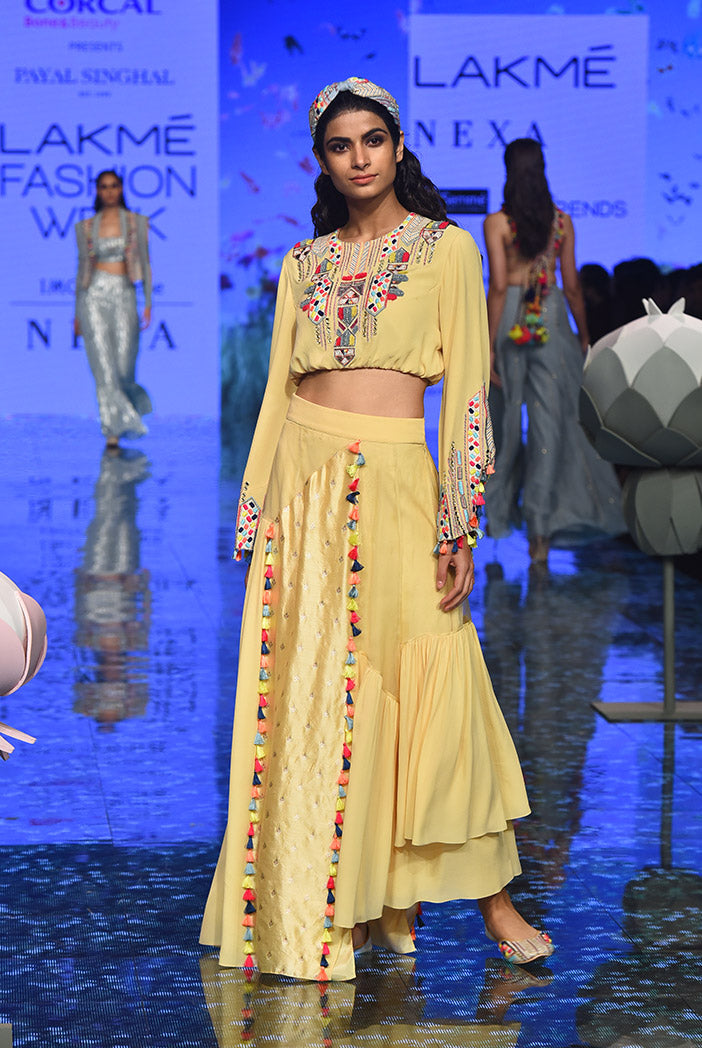 Abisha Pale Yellow Crop Top with Asymmetric Skirt