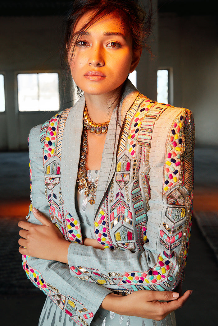 Farida Pale Blue Jacket with Bustier and Sharara