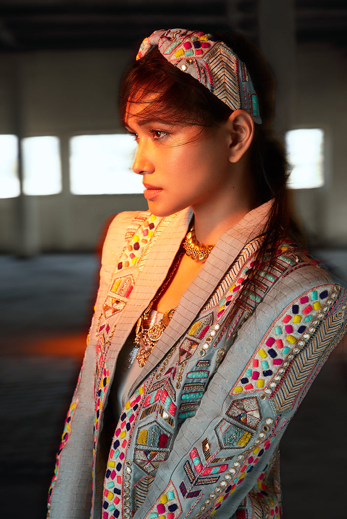 Farida Pale Blue Jacket with Bustier and Sharara