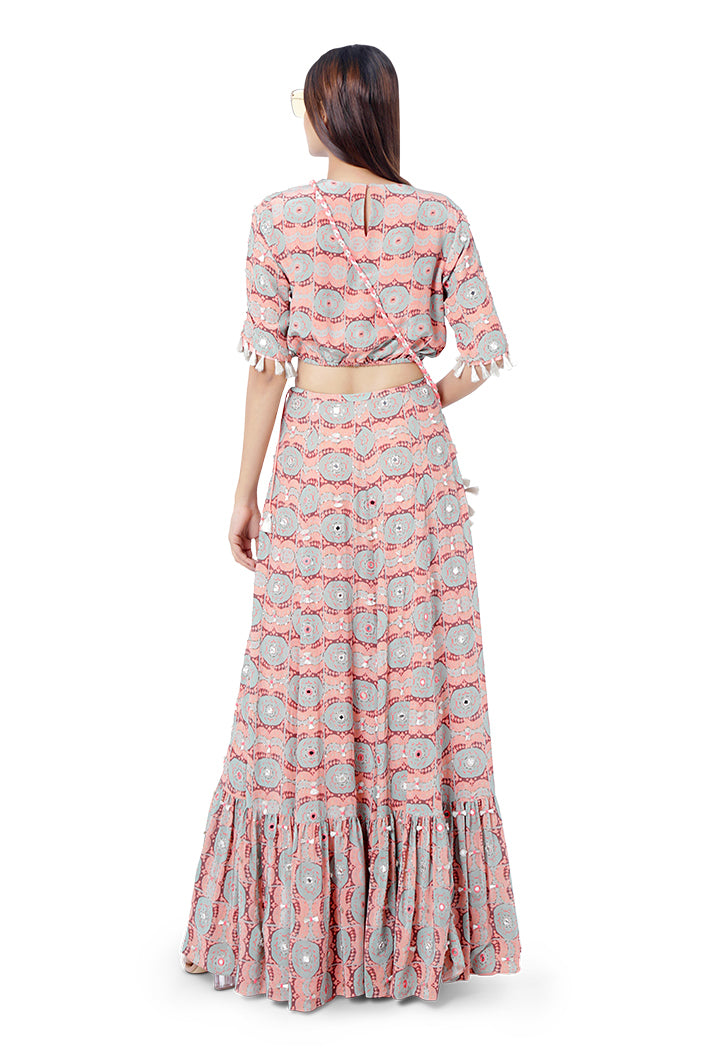 Farzin Coral Colour Printed and Embroidered Crepe Balloon Top with Frill Skirt
