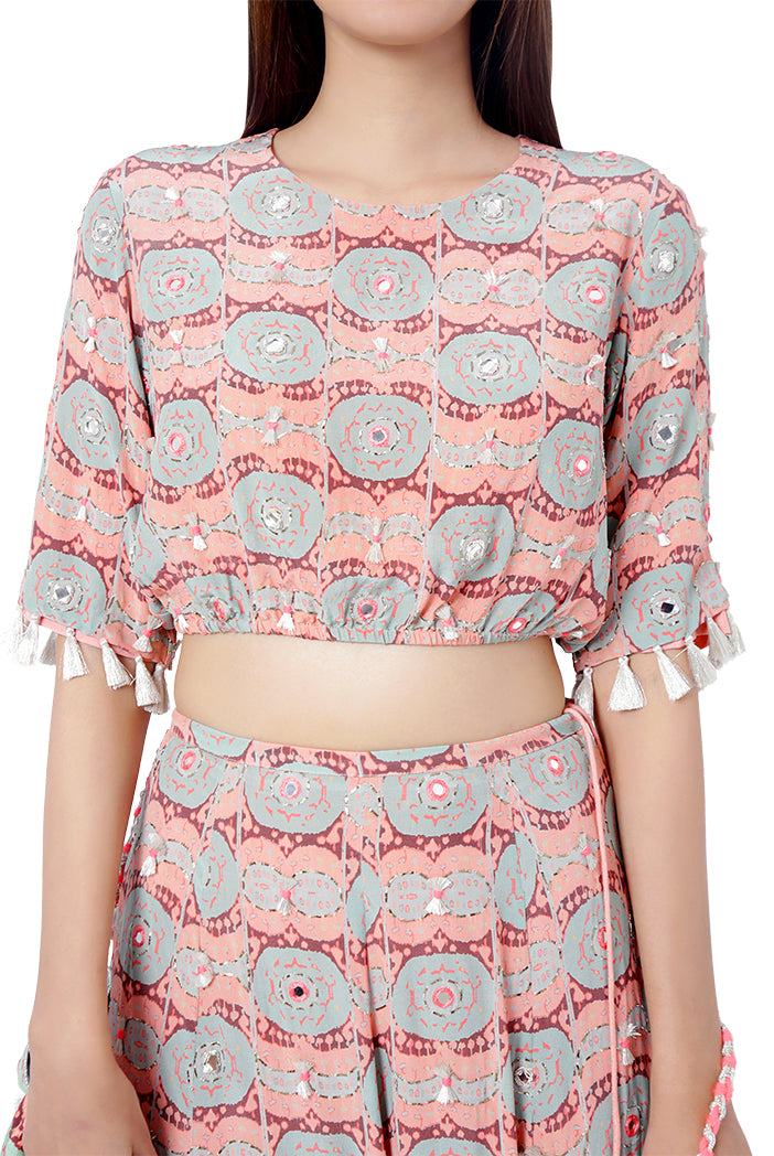 Farzin Coral Colour Printed and Embroidered Crepe Balloon Top with Frill Skirt