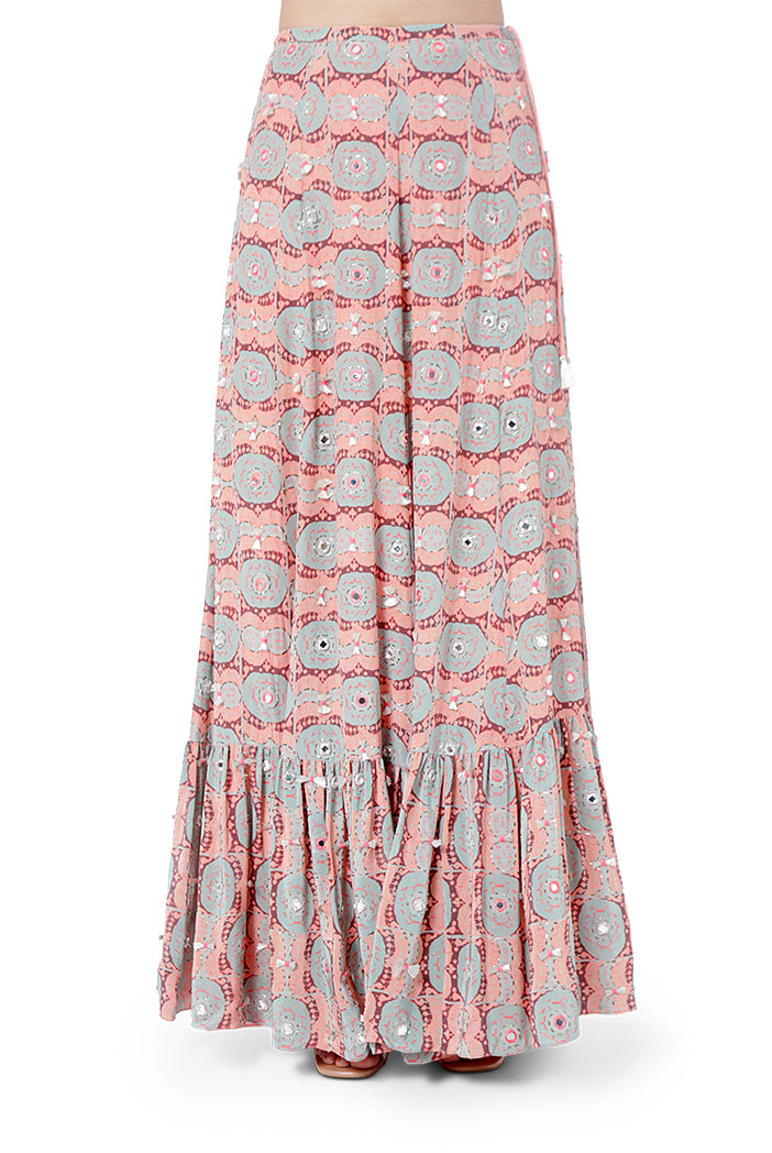 Farzin Coral Colour Printed and Embroidered Crepe Balloon Top with Frill Skirt