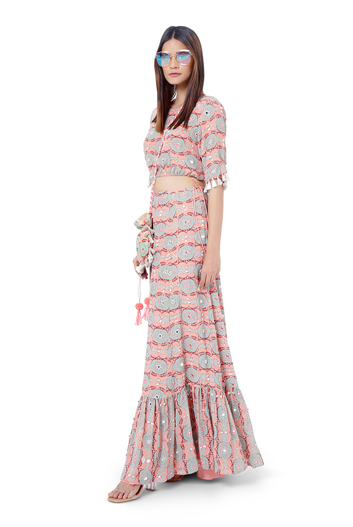 Farzin Coral Colour Printed and Embroidered Crepe Balloon Top with Frill Skirt