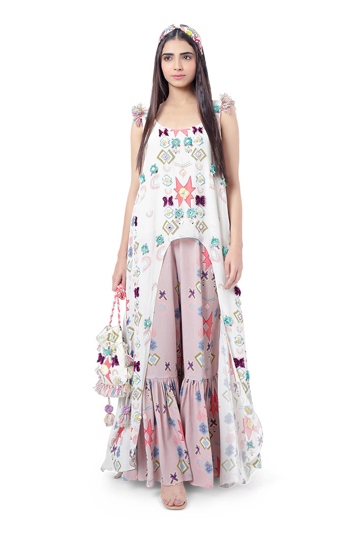 Maahi White Printed Crepe High-Low Kurta with Pink Print Crepe Frill Palazzo