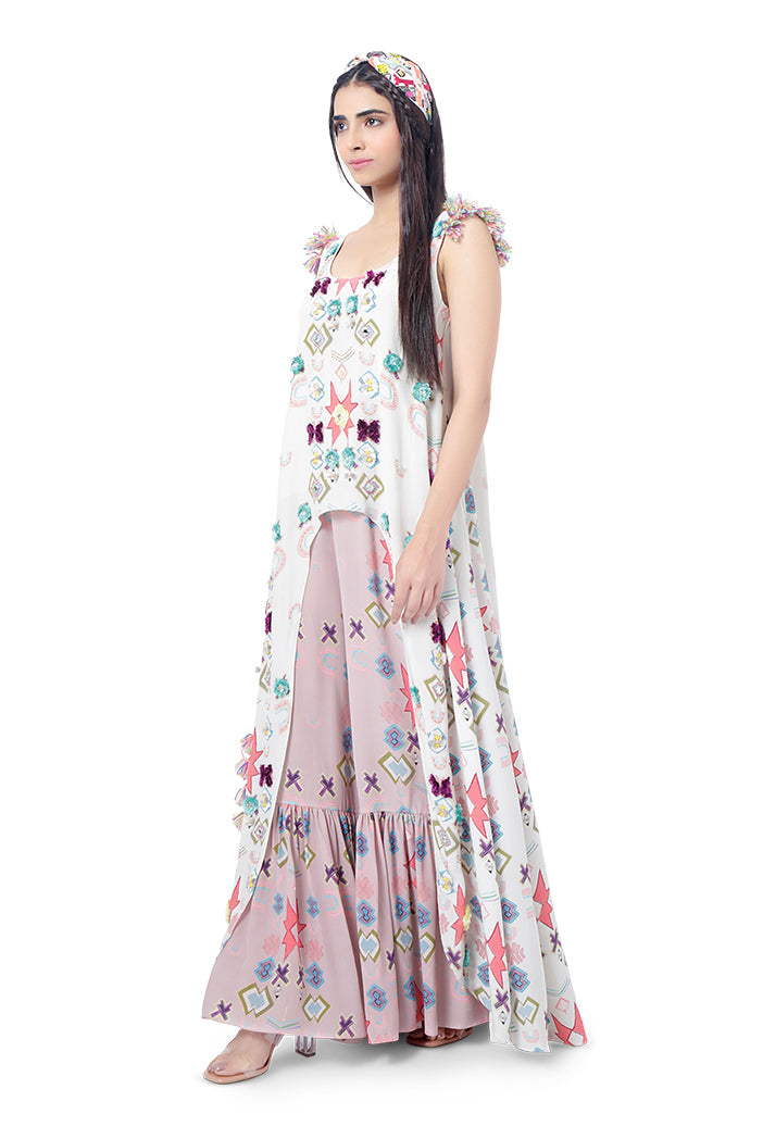 Maahi White Printed Crepe High-Low Kurta with Pink Print Crepe Frill Palazzo