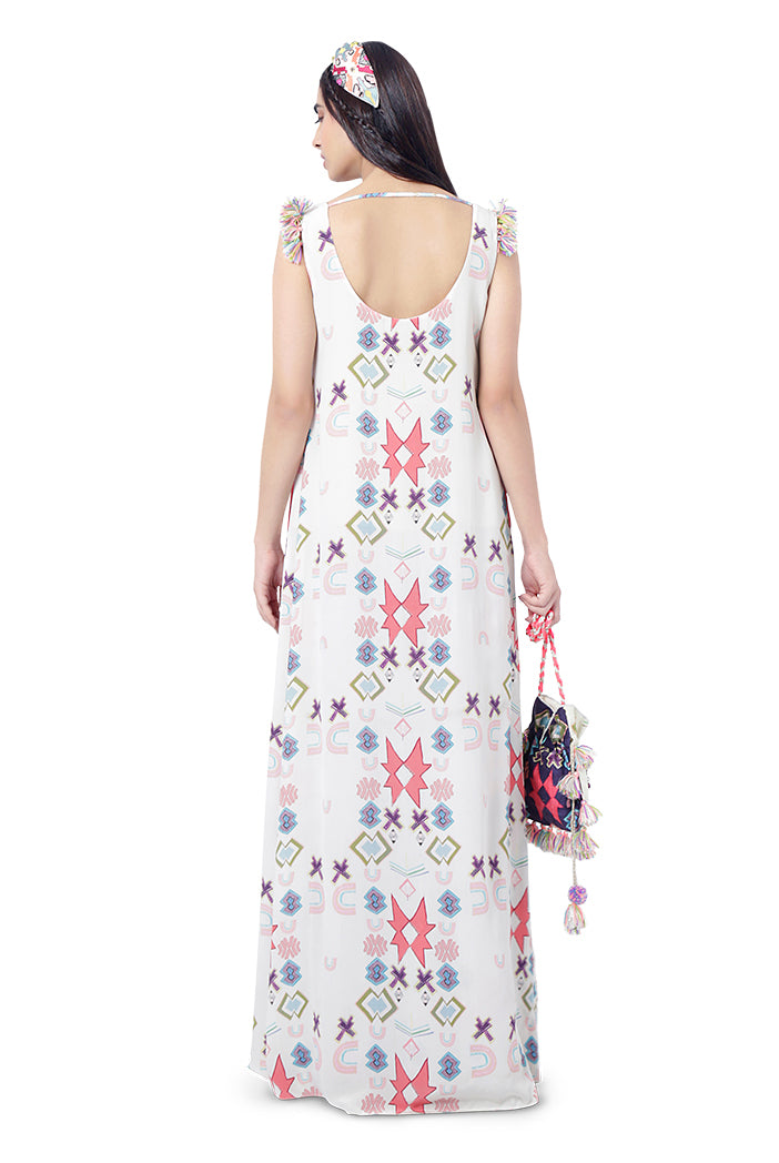 Maahi White Printed Crepe High-Low Kurta with Pink Print Crepe Frill Palazzo
