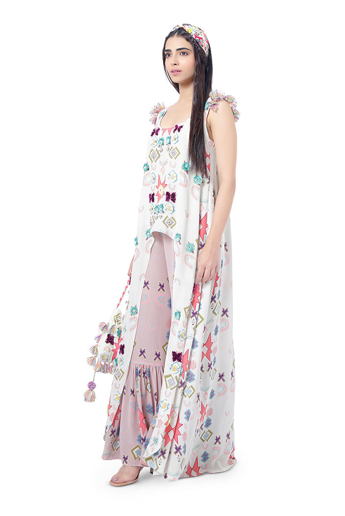 Maahi White Printed Crepe High-Low Kurta with Pink Print Crepe Frill Palazzo