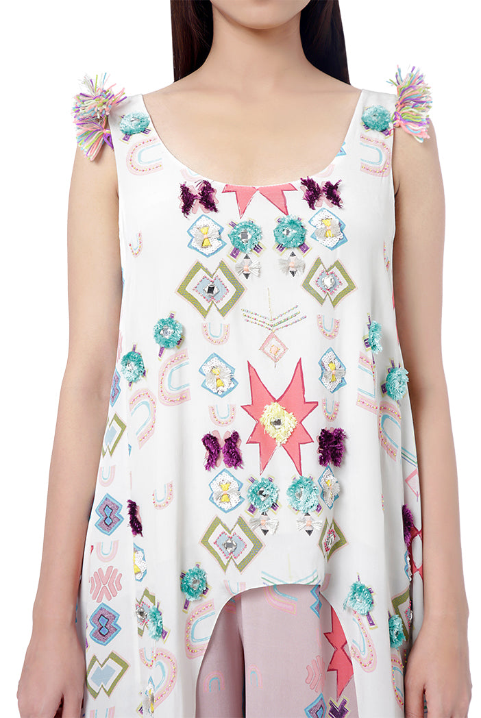 Maahi White Printed Crepe High-Low Kurta with Pink Print Crepe Frill Palazzo