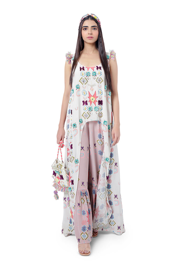 Maahi White Printed Crepe High-Low Kurta with Pink Print Crepe Frill Palazzo