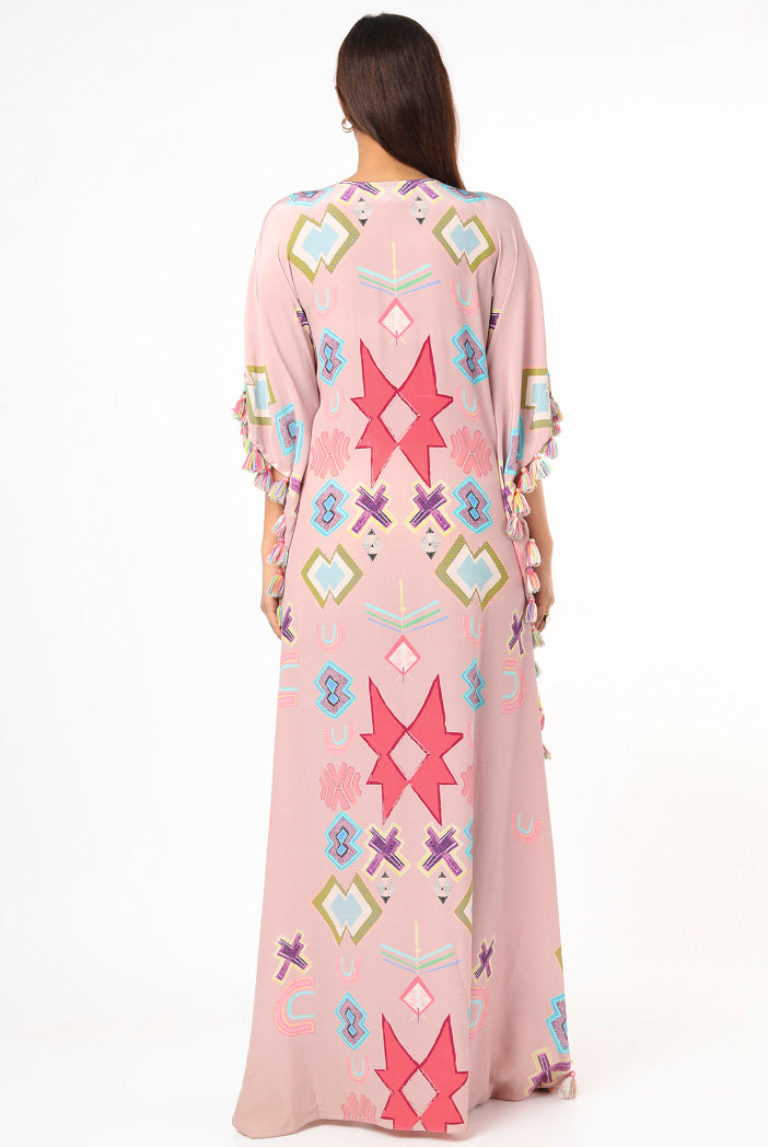 Pink Big Ikat Star Print Crepe Front Embroidered Kaftan With Tassels