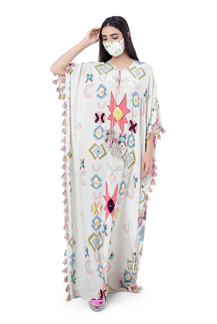 Aiza White Printed Crepe Embroidered Kaftan