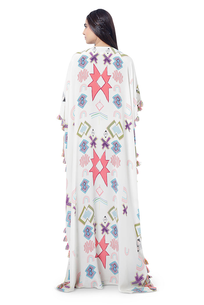 Aiza White Printed Crepe Embroidered Kaftan