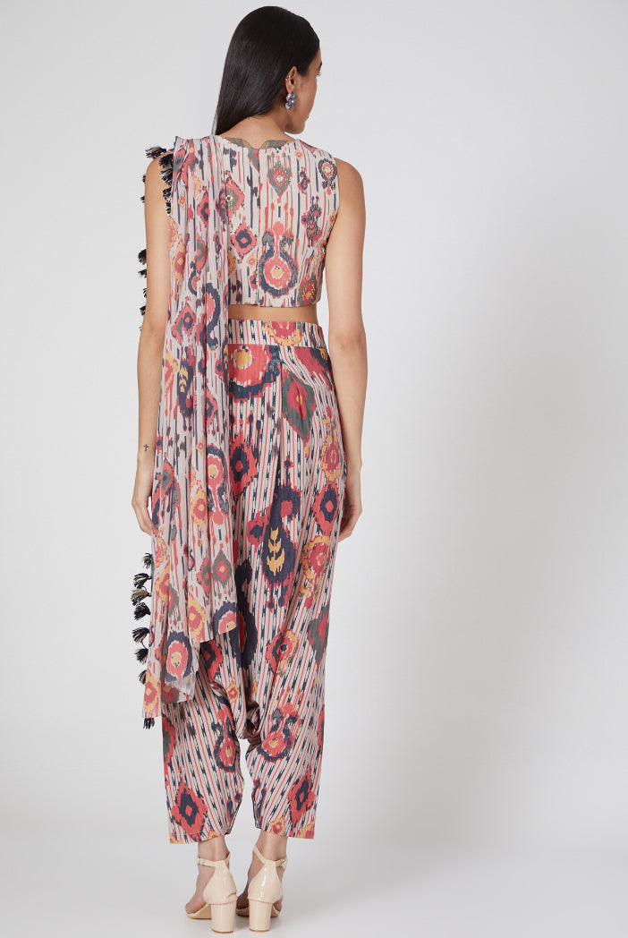 Red Ikat Tribe Printed Crepe Top And Low Crotch Pant With Attached Art Georgette Drape
