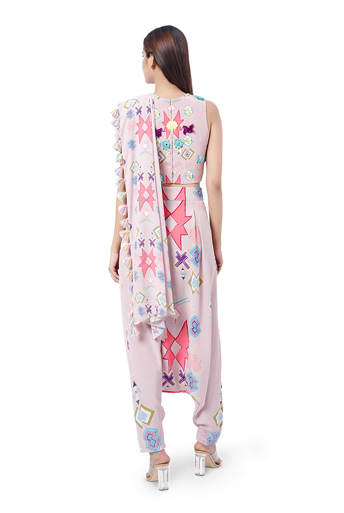 Shiza Pink Printed Crepe Choli with Low Crotch Pant and attached Georgette Drape Dupatta