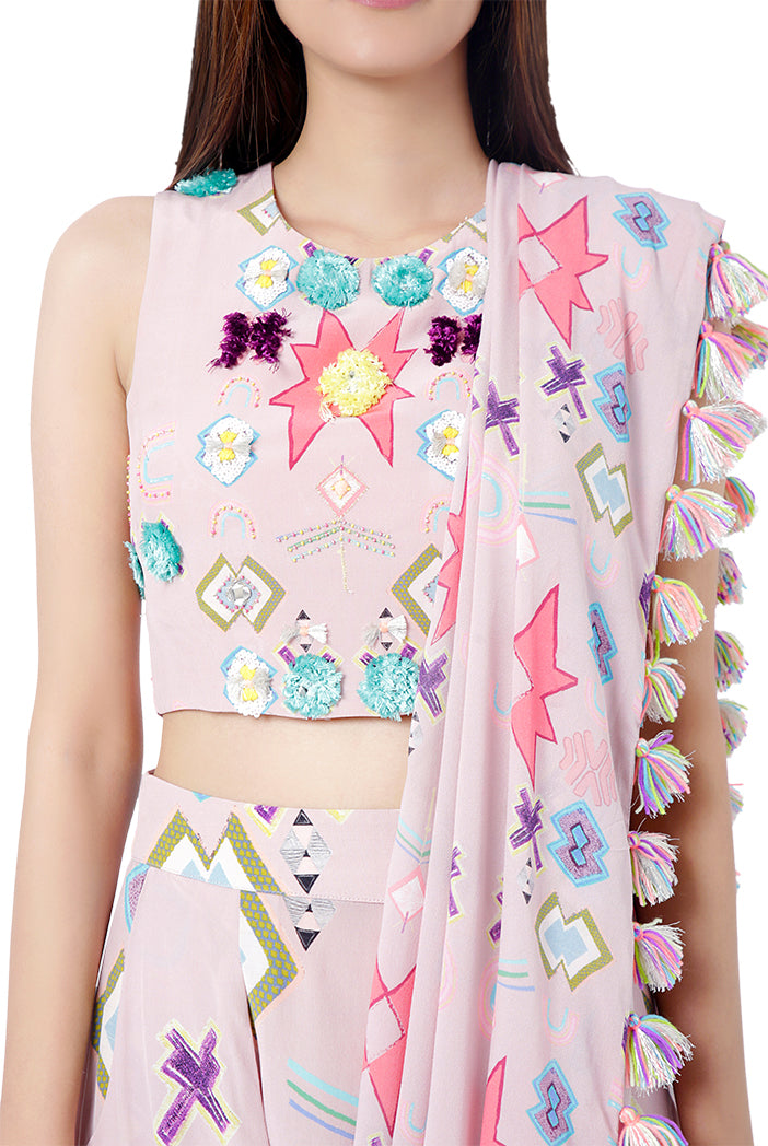 Shiza Pink Printed Crepe Choli with Low Crotch Pant and attached Georgette Drape Dupatta
