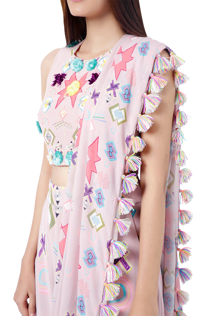 Shiza Pink Printed Crepe Choli with Low Crotch Pant and attached Georgette Drape Dupatta
