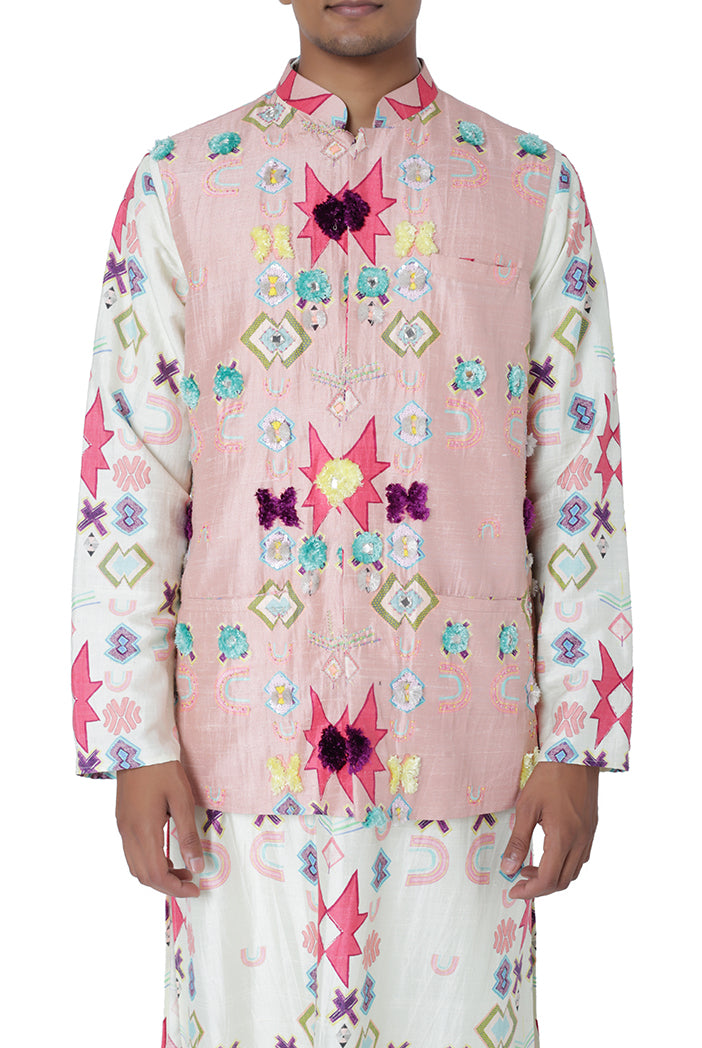 Pink Colour Printed Dupion Silk Bandi with White Colour Printed Silkmul Kurta and Off White Colour Cotton Silk Churidar