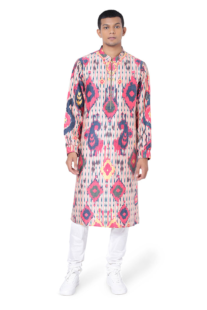 Red Colour Printed Dupion Silk Bomber Kurta with Off White Colour Cotton Silk Churidar