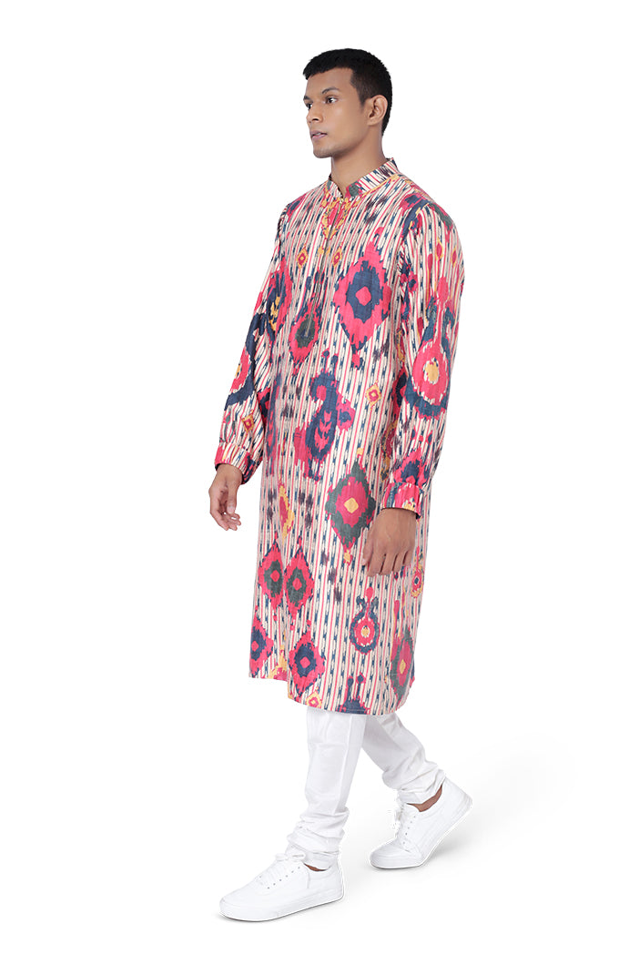 Red Colour Printed Dupion Silk Bomber Kurta with Off White Colour Cotton Silk Churidar