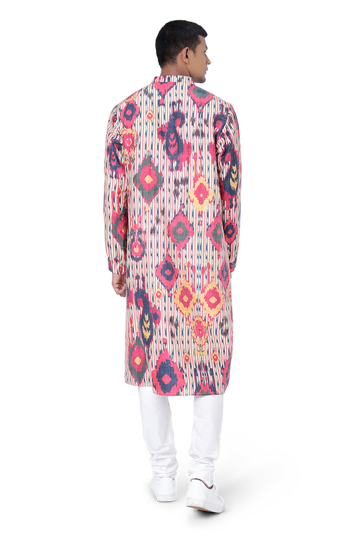Red Colour Printed Dupion Silk Bomber Kurta with Off White Colour Cotton Silk Churidar