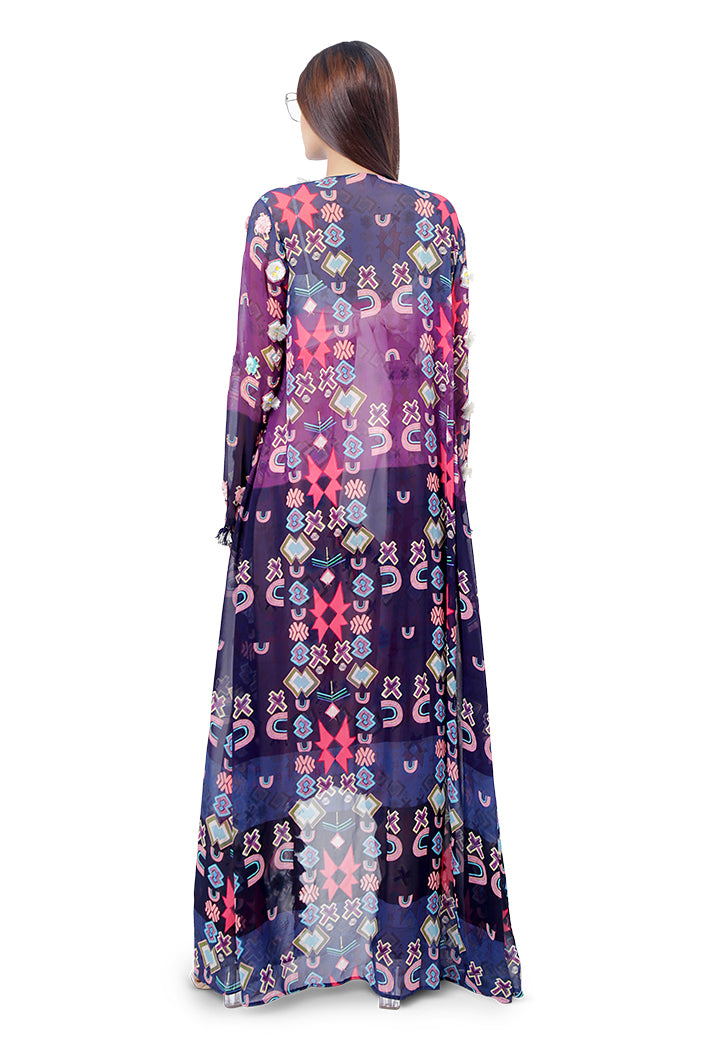 Tazmeen Purple Printed Art Georgette Duster Jacket with White Crepe Tie-Up Choli and Pink Printed Crepe Low Crotch Pant