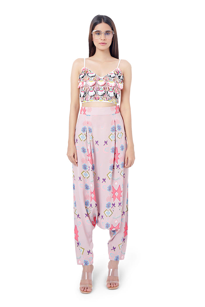 Tazmeen Purple Printed Art Georgette Duster Jacket with White Crepe Tie-Up Choli and Pink Printed Crepe Low Crotch Pant