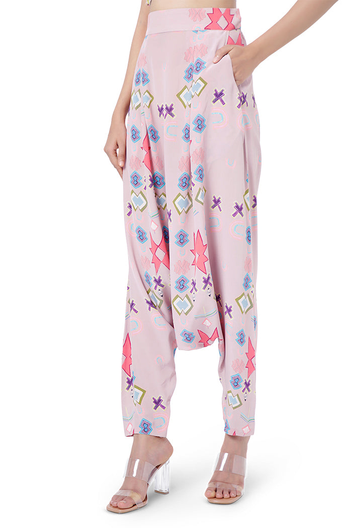 Tazmeen Purple Printed Art Georgette Duster Jacket with White Crepe Tie-Up Choli and Pink Printed Crepe Low Crotch Pant