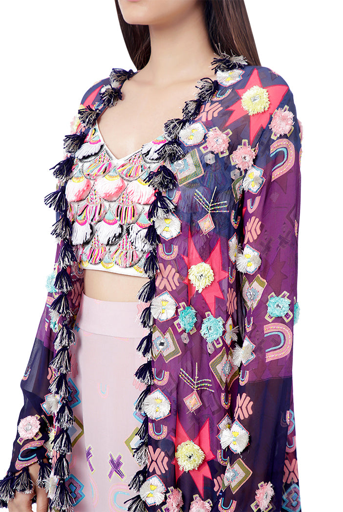 Tazmeen Purple Printed Art Georgette Duster Jacket with White Crepe Tie-Up Choli and Pink Printed Crepe Low Crotch Pant