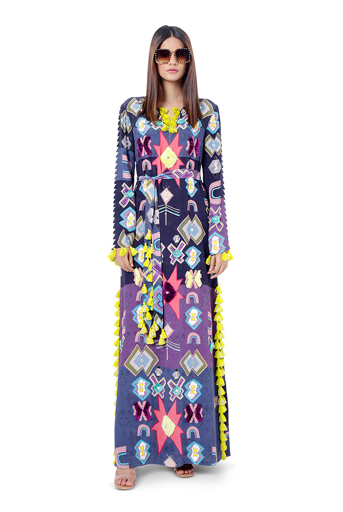 Maham Purple Printed Crepe Embroidered High-Slit Kaftan