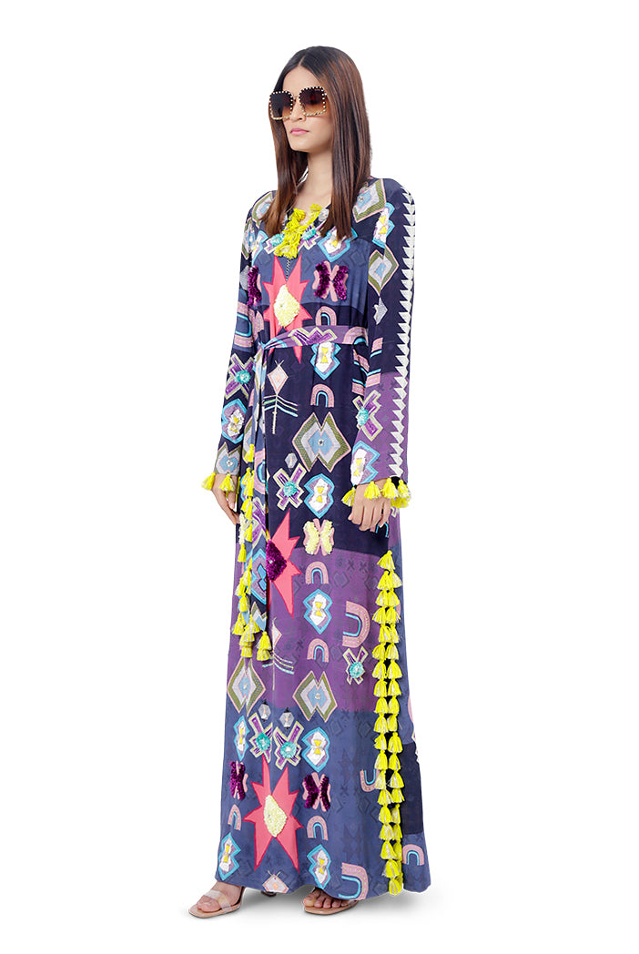 Maham Purple Printed Crepe Embroidered High-Slit Kaftan