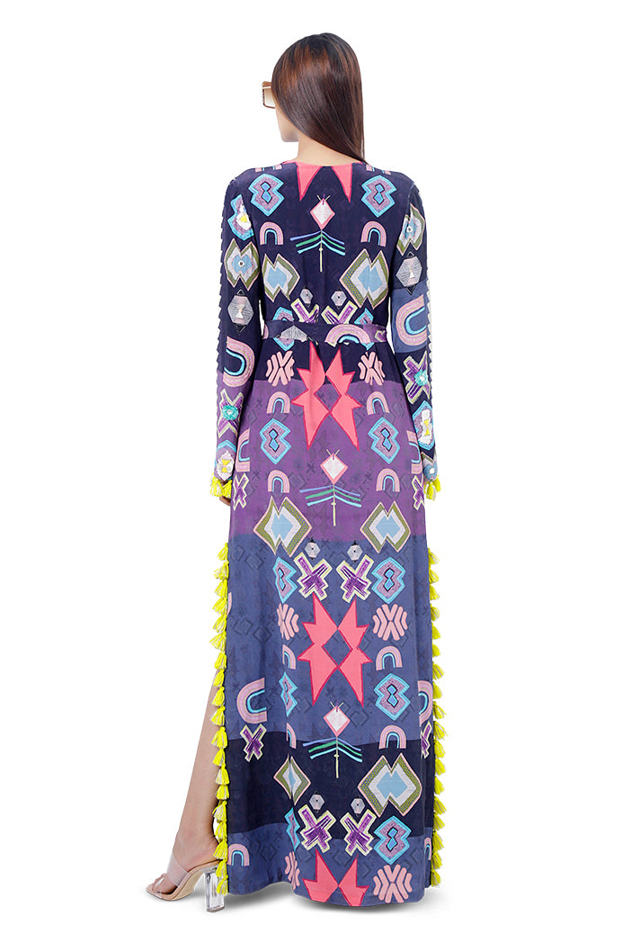 Maham Purple Printed Crepe Embroidered High-Slit Kaftan