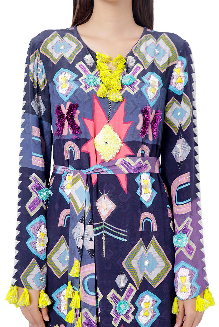 Maham Purple Printed Crepe Embroidered High-Slit Kaftan