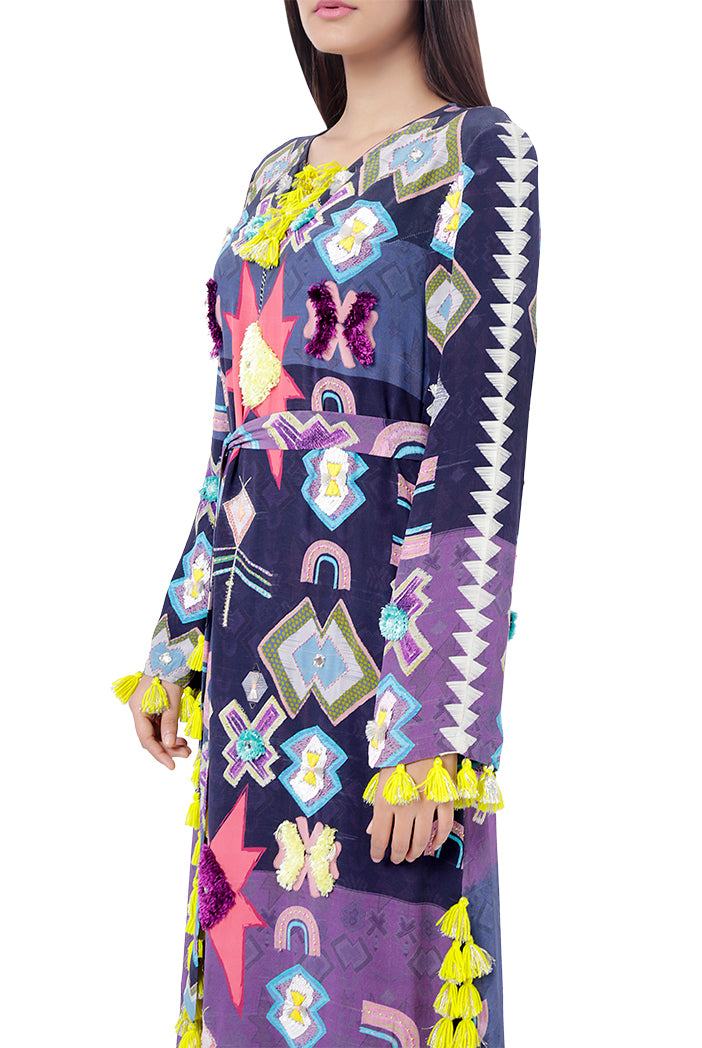 Maham Purple Printed Crepe Embroidered High-Slit Kaftan