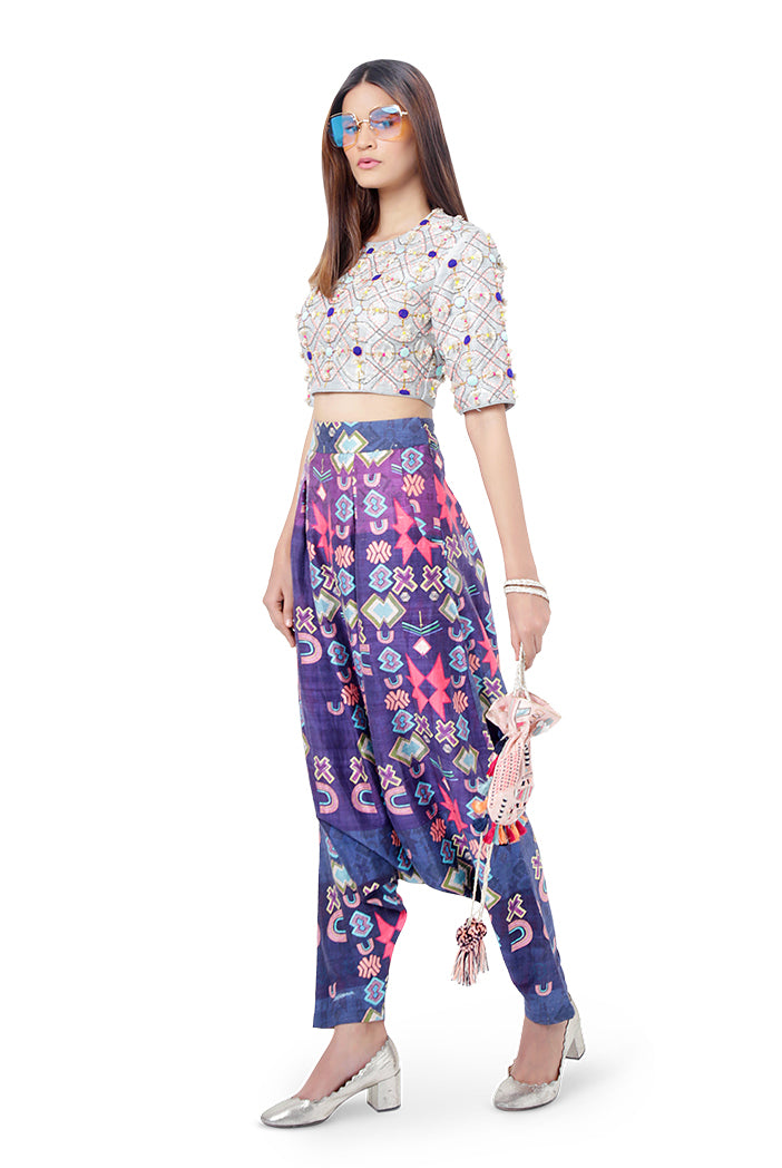 Abia Pale Blue Colour Dupion Silk Embroidered Choli with Purple Colour Printed Dupion Silk Low Crotch Pant