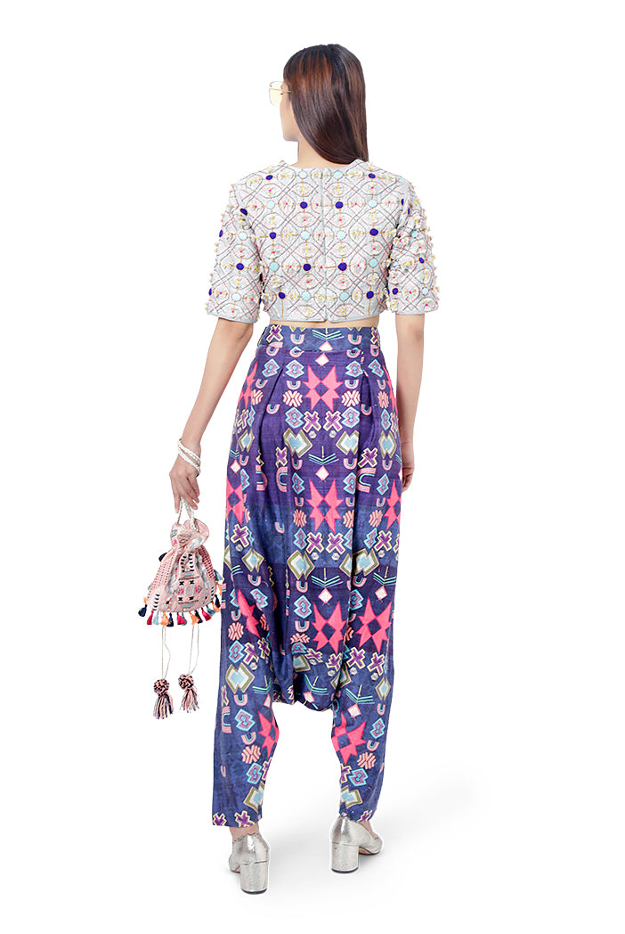 Abia Pale Blue Colour Dupion Silk Embroidered Choli with Purple Colour Printed Dupion Silk Low Crotch Pant