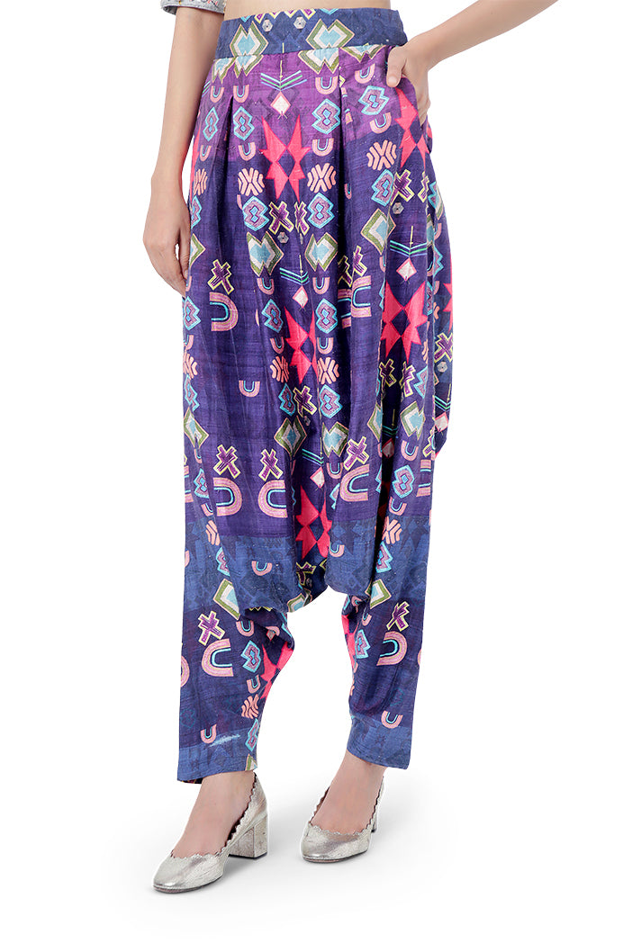 Abia Pale Blue Colour Dupion Silk Embroidered Choli with Purple Colour Printed Dupion Silk Low Crotch Pant